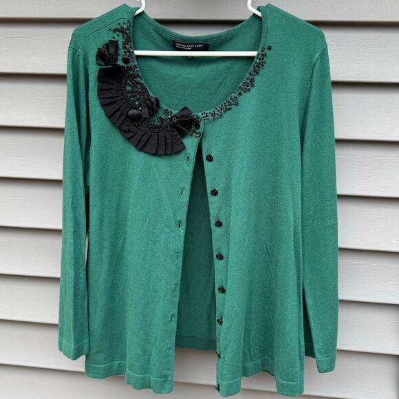 Jones New York XL Green Button Front Cardigan Black Chiffon Sequin Bead - Picture 1 of 9
